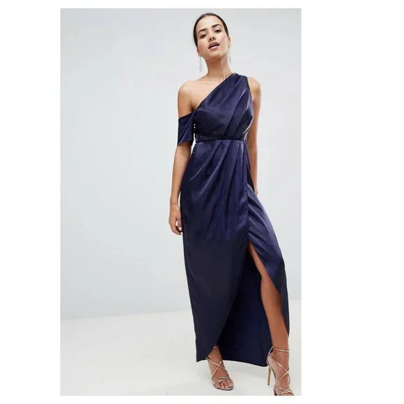 Satin Asos Blue One Shoulder Dress ASOS EDITION Curve Satin Embroidered  Drape One Shoulder Midi Dress